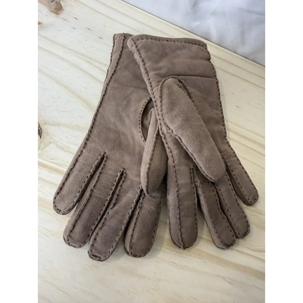 Gloves Women Medium Brown Goat Suede Leather Faux Shearling Lining Winter Warm